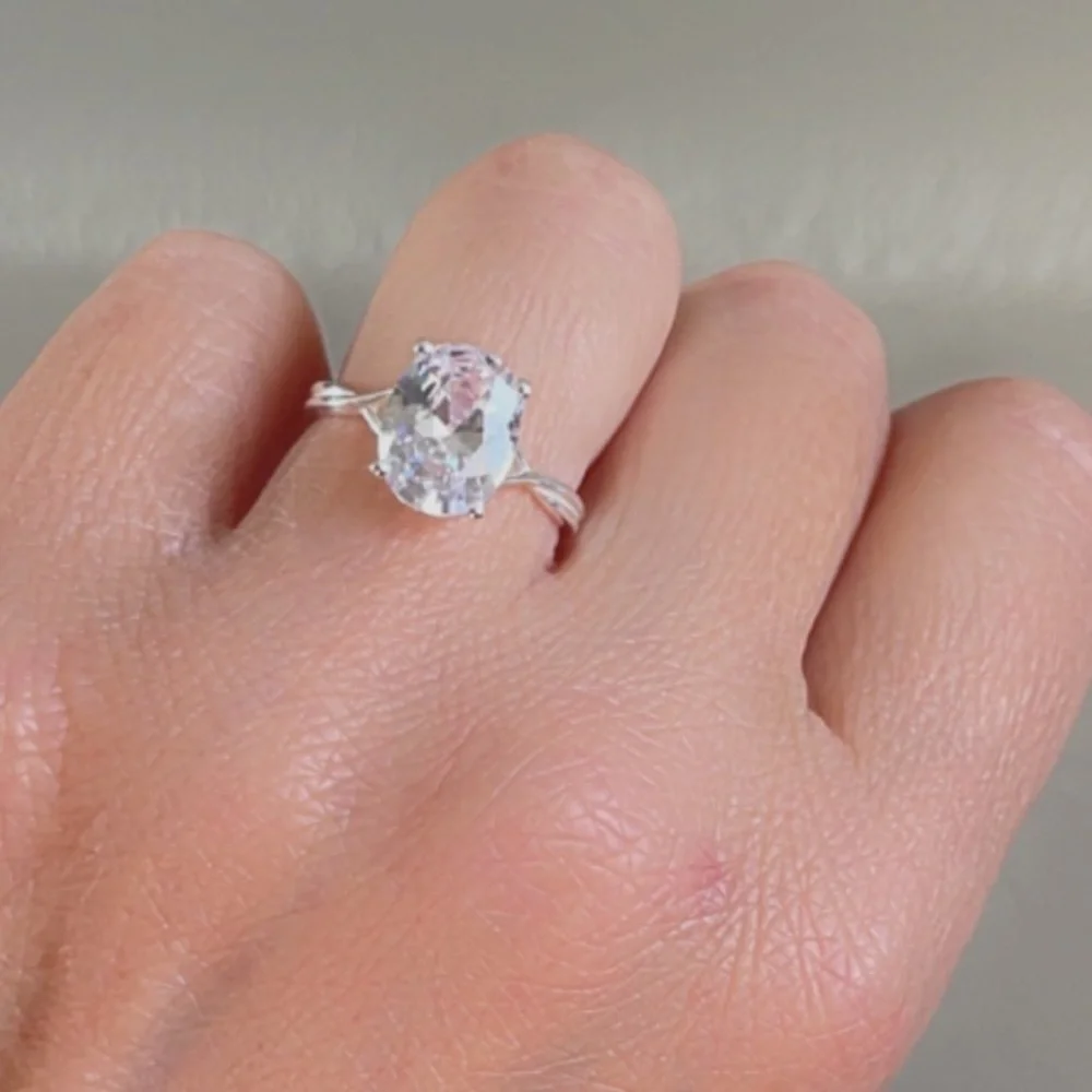 Sterling Silver Solitaire Oval Diamond Ring